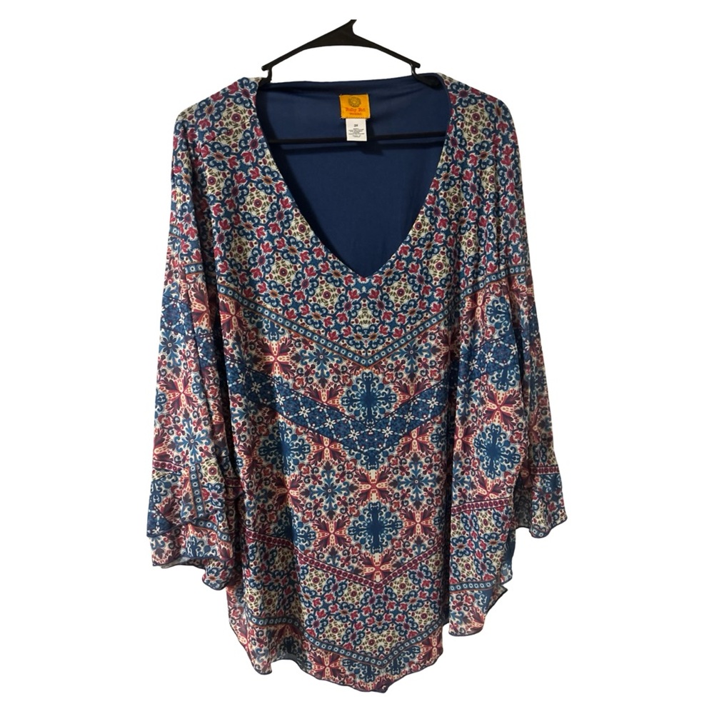 Ruby Rd. Bohemian Flowy V-Neck Tunic in Blue & Pink Plus Size 3X